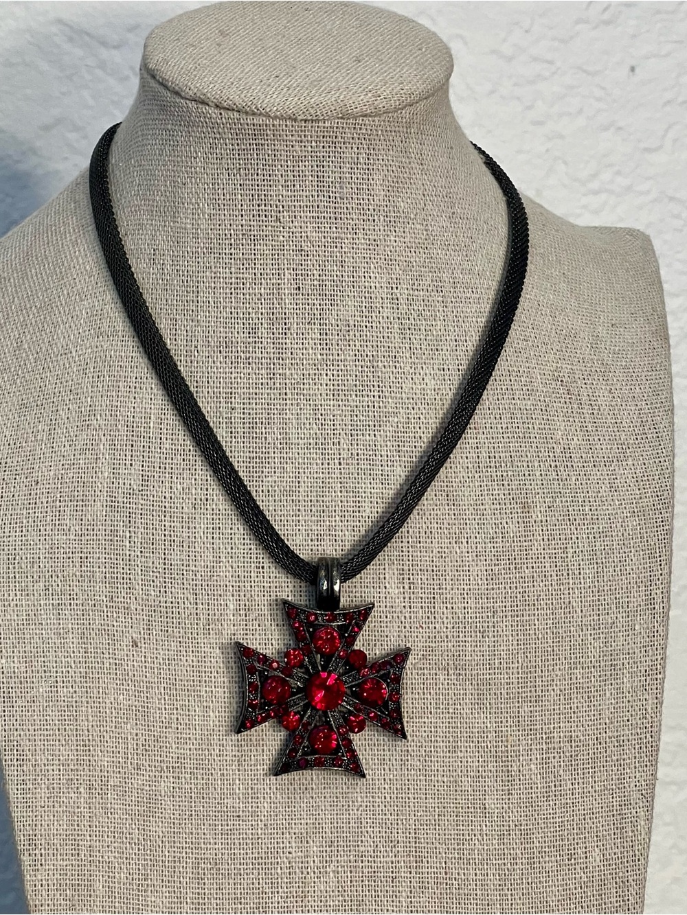 Gothic Style Necklace Prominent Red Crystal Maltese Cross Pendant Dark Pewter Me